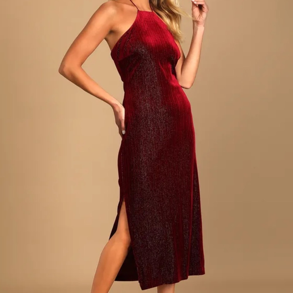 Lulus Enticing Entrance Sparkly Burgundy Velvet Halter Midi Dress